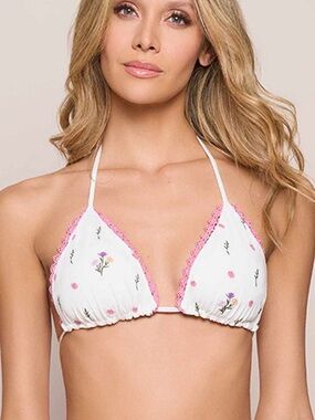 NWT- COSITA LINDA BEACHWEAR White Floral Triangle Bikini Top with Pink Trim